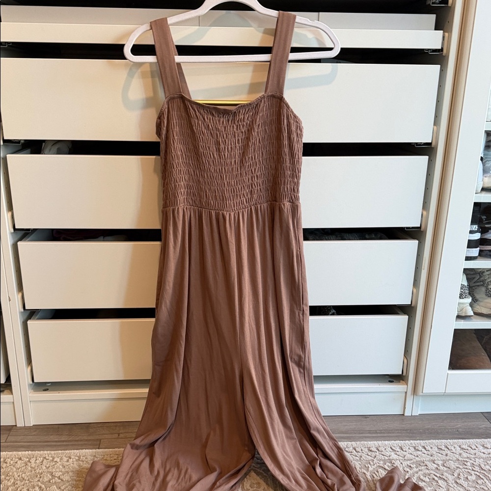 Women's Smocked Bodice Jumpsuit - Mauve Brown